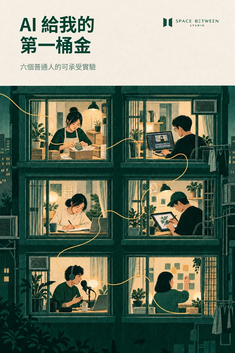 《AI 給我的第一桶金》封面：一幢舊樓的六個窗口裡，六個人各自在做手作、剪片、寫作、繪畫、錄音和計劃，一條金線把他們連起來
