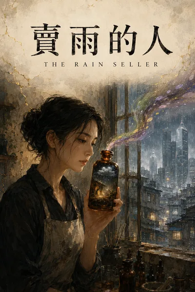 小說《賣雨的人》封面:女子手持裝著一場雨的玻璃瓶,窗外是雨中城市