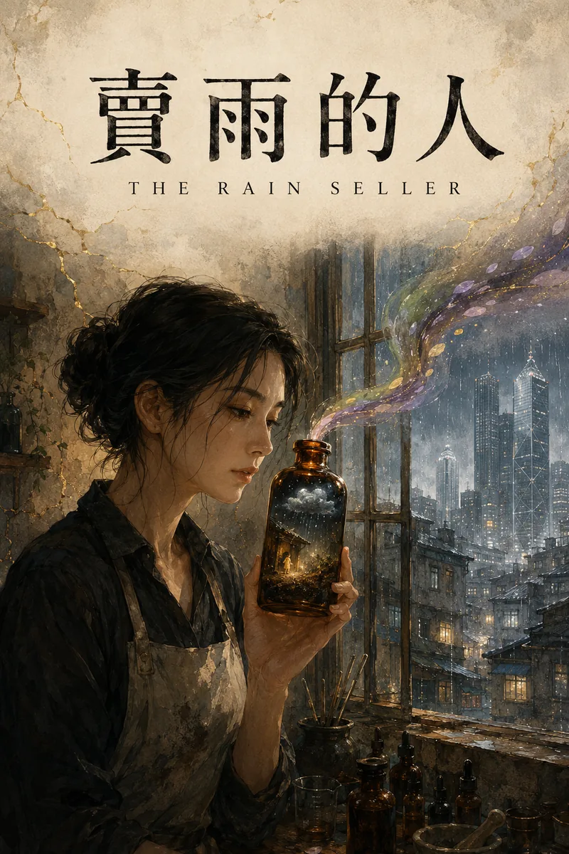 小說《賣雨的人》封面：女子手持裝著一場雨的玻璃瓶，窗外是雨中城市