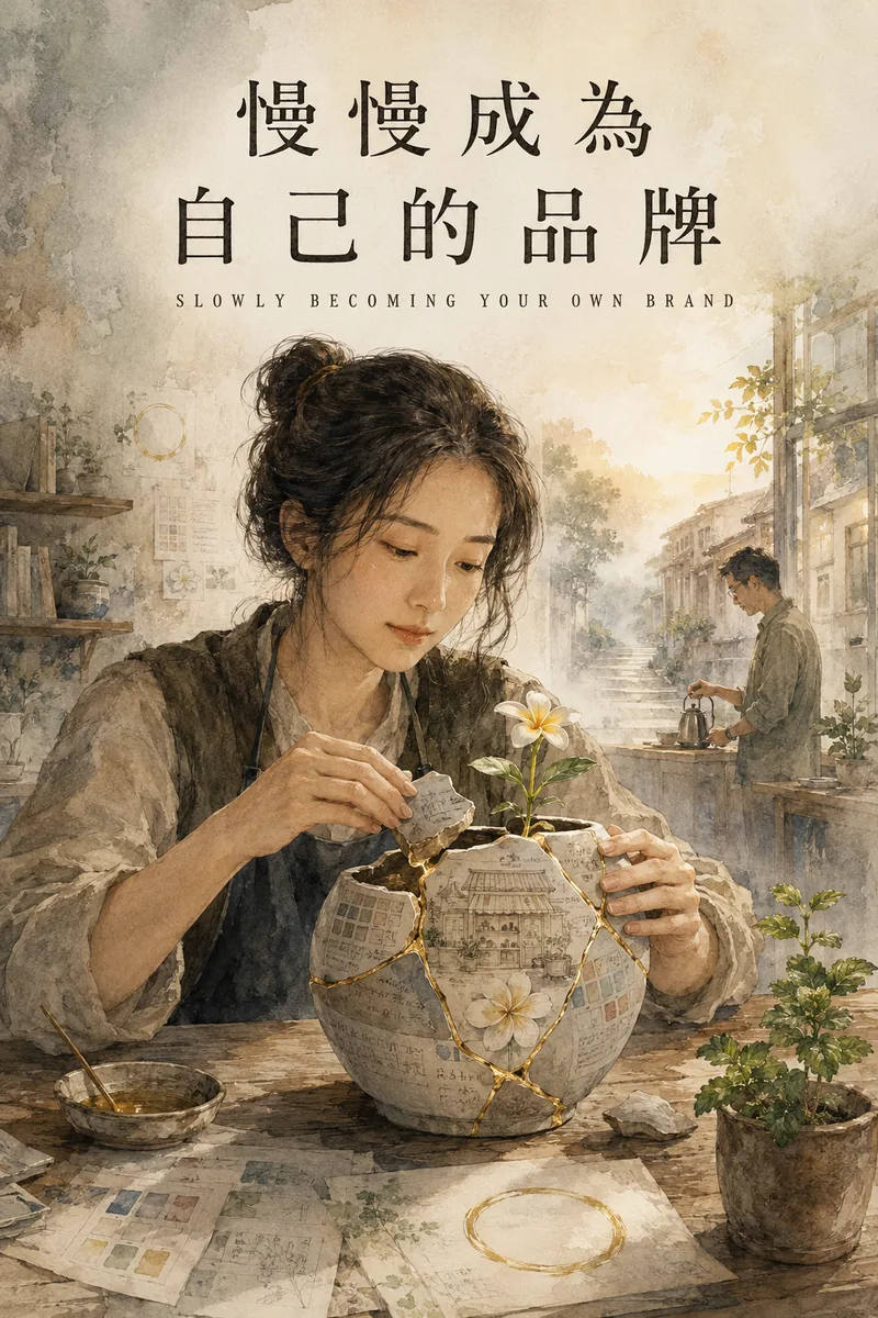 《慢慢成為自己的品牌》封面：以金繼手法修補一只陶罐，裂縫化為金線
